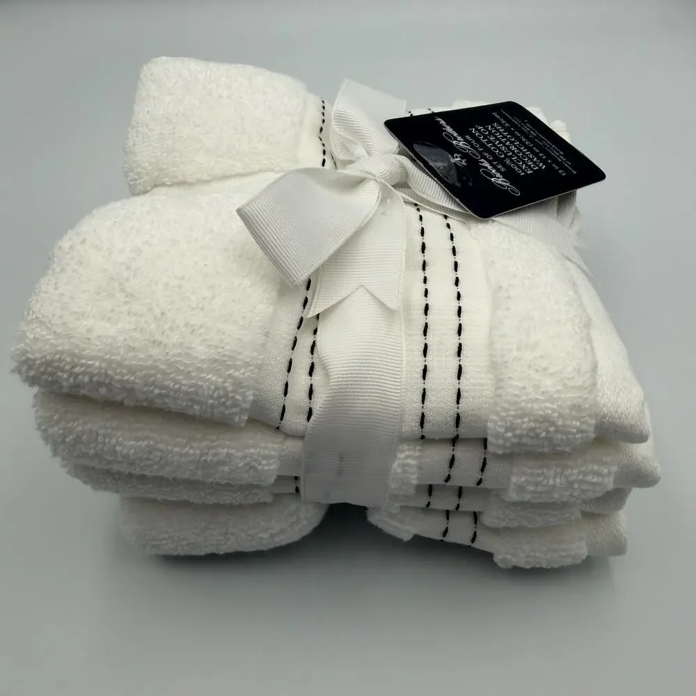 Brooks Brothers 100% Cotton Washcloths Set of 4 White Black Stitch 13x13